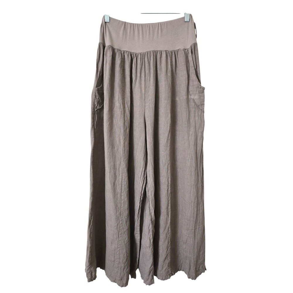 SAGA Womens Small Pants Taupe Brown 100% Linen Wide Leg Made in Italy Flowy